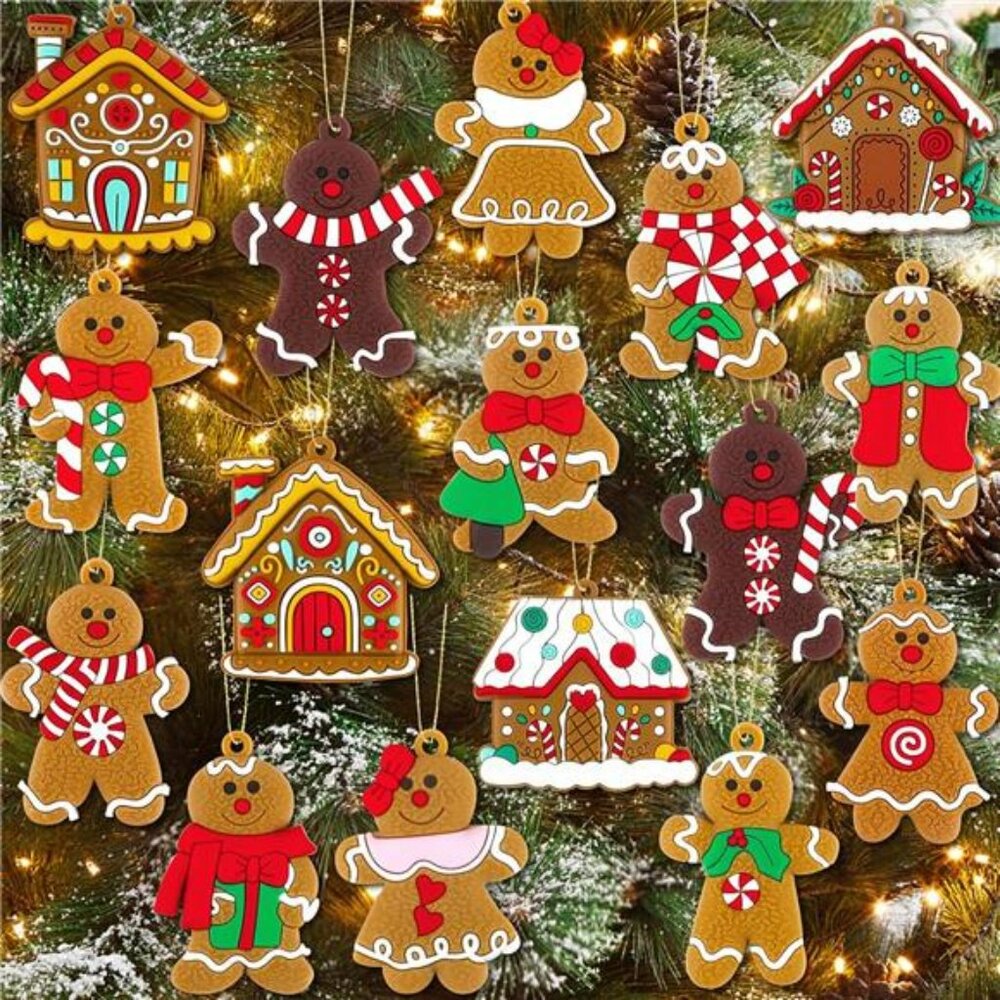 Gingerbread man ornaments set with gingerbread house Christmas tree decorations